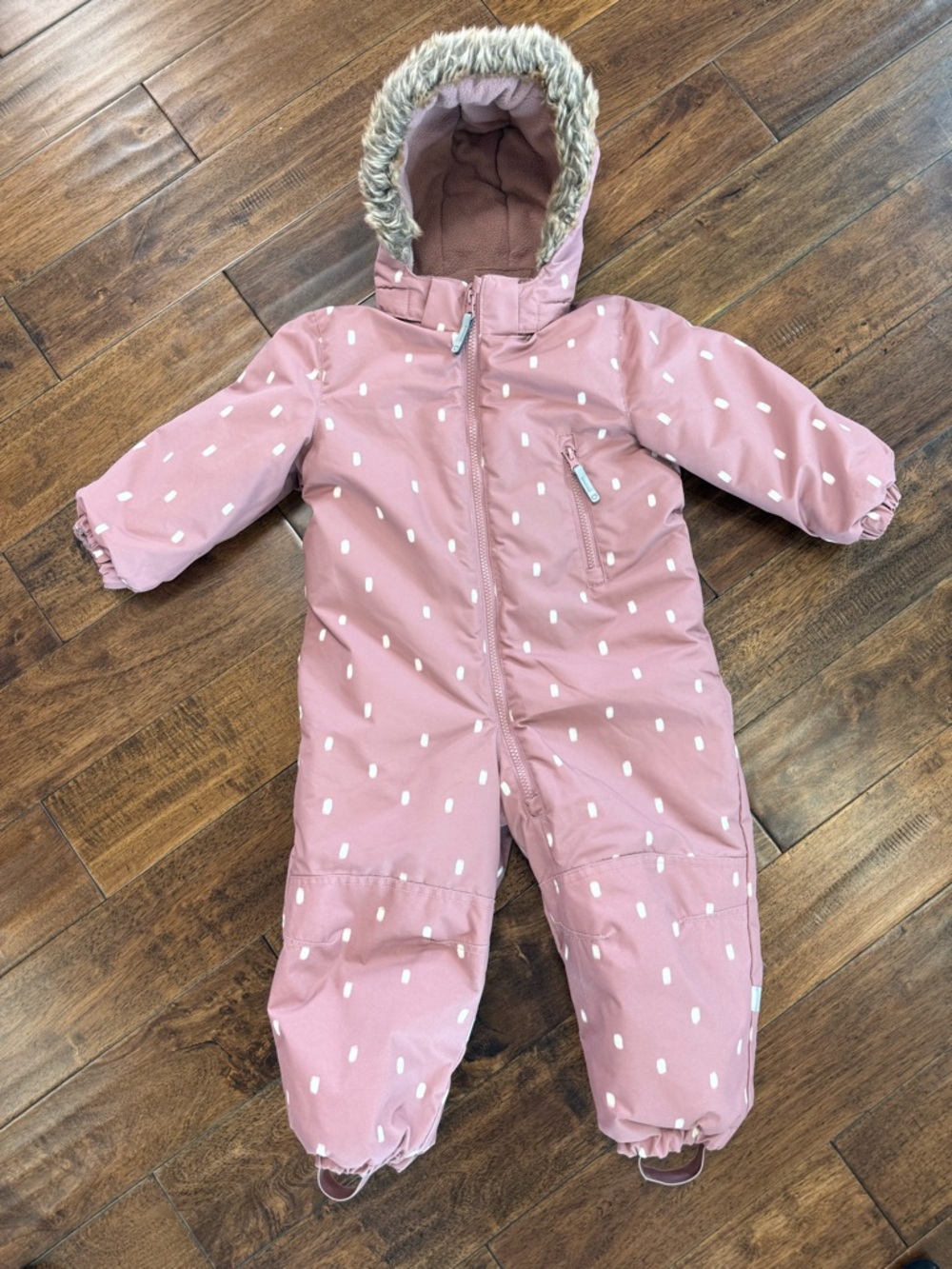 H&M Pink Dot Toddler One-Piece Snowsuit with Faux-Fur Hood